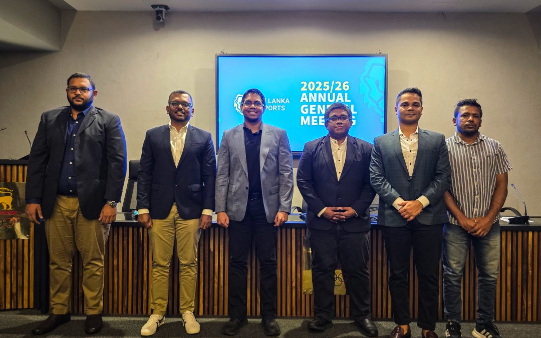 The newly elected Executive Committee of Sri Lanka Esports for 2025/26 at the Annual General Meeting held recently. Chathra Jayasekera (Assistant Secretary), Vikum Jayasekera (Treasurer), Raveen Wijayatilake (President), Ramesh Liyanage (Secretary), Ashen Dion Nanayakkara (Media Secretary), Kamith Lakmal (Chairperson of the Clan Committee) posing for a photograph